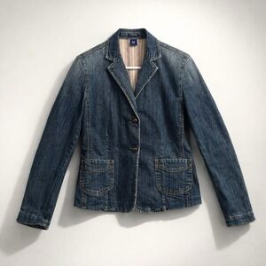 Gap Stretch Denim Blazer Jacket Womens 6 Blue Dark Wash Two Button Floral Lining